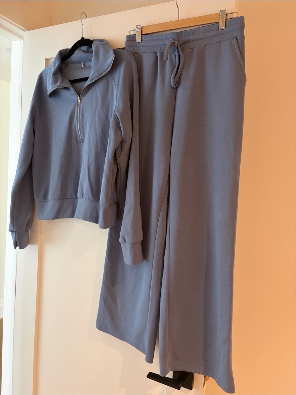 Two-Piece Half-Zip Pullover & Wide-Leg Sweatpants Set - Dusty Blue periwinkle